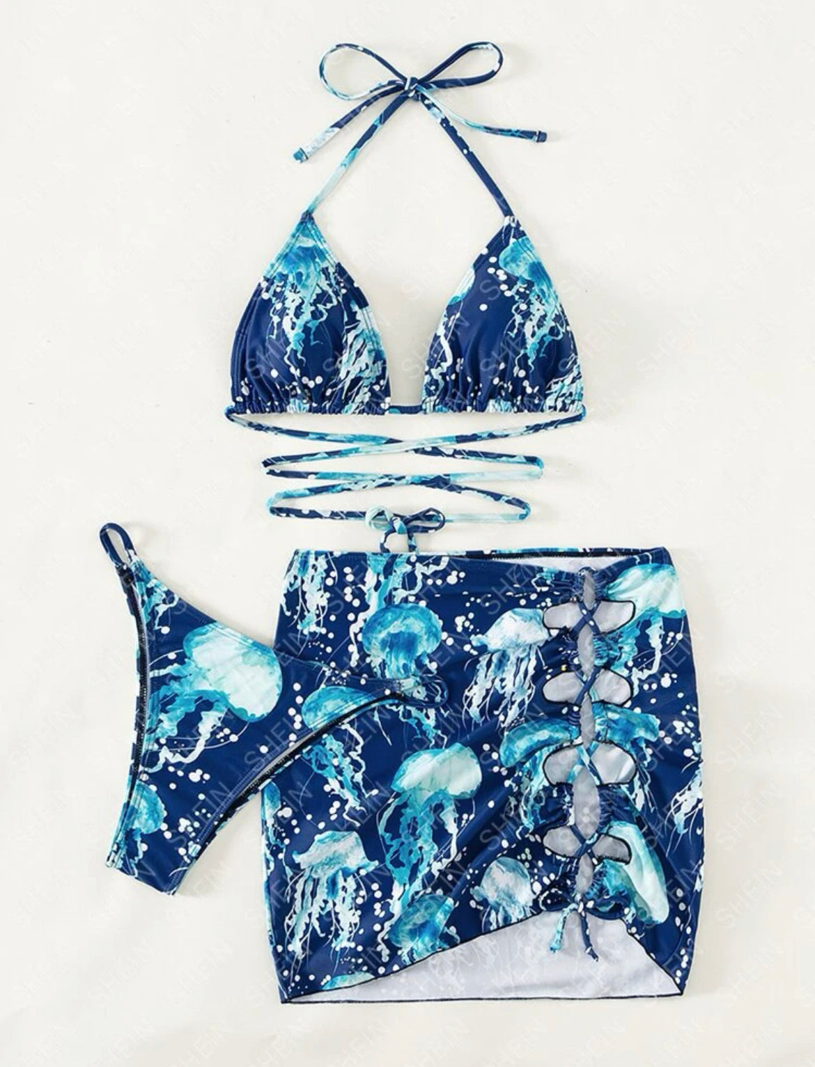 Jellyfish Print Triangle Bikini Swimsuit With Beach Skirt