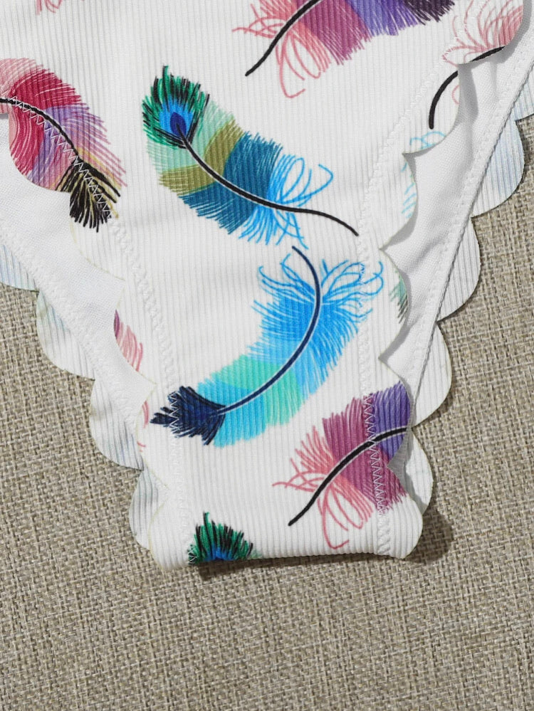 Feather Print Scallop Trim Bikini Swimsuit