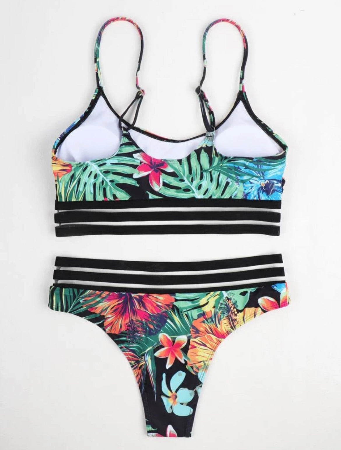 Floral & Tropical Cut-out Mesh Trim Bikini Swimsuit