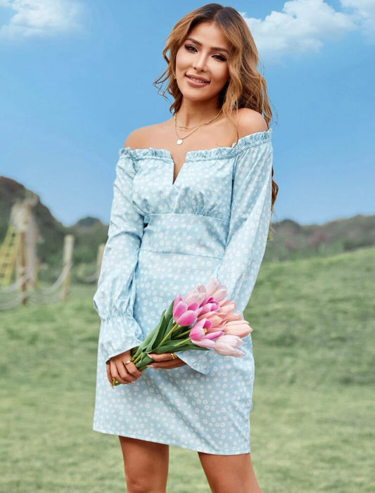 Ditsy Floral Print Off Shoulder Flounce Sleeve Dress