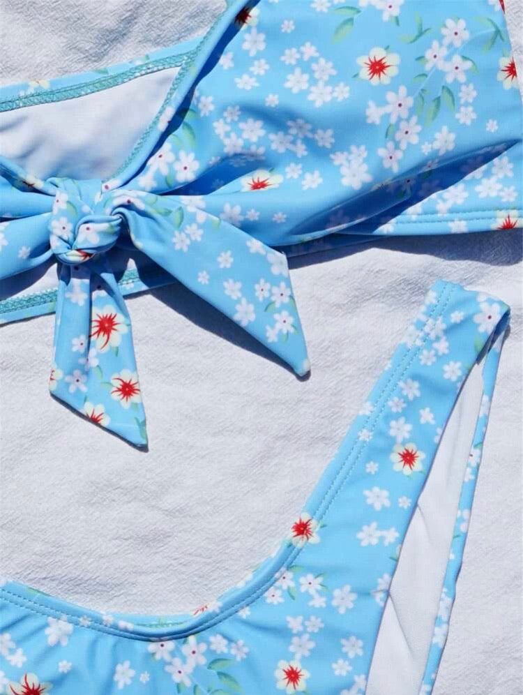 Floral Tie Shoulder High Cut Bikini Swimsuit