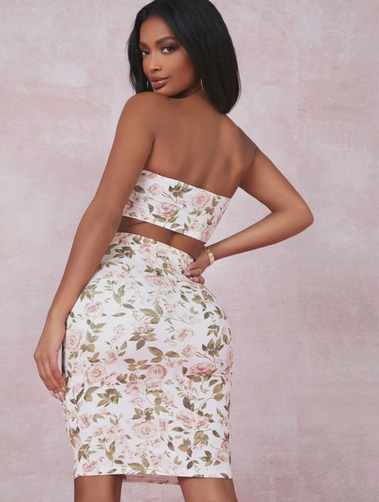 SXY Floral Print Tube Top and Skirt Set