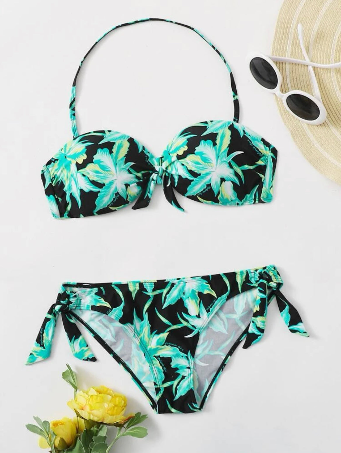 Plant Print Push Up Tie Side Bikini Swimsuit