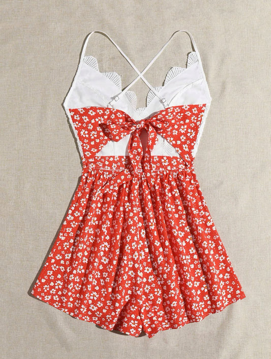 Floral Print Lace Insert Criss Cross Romper