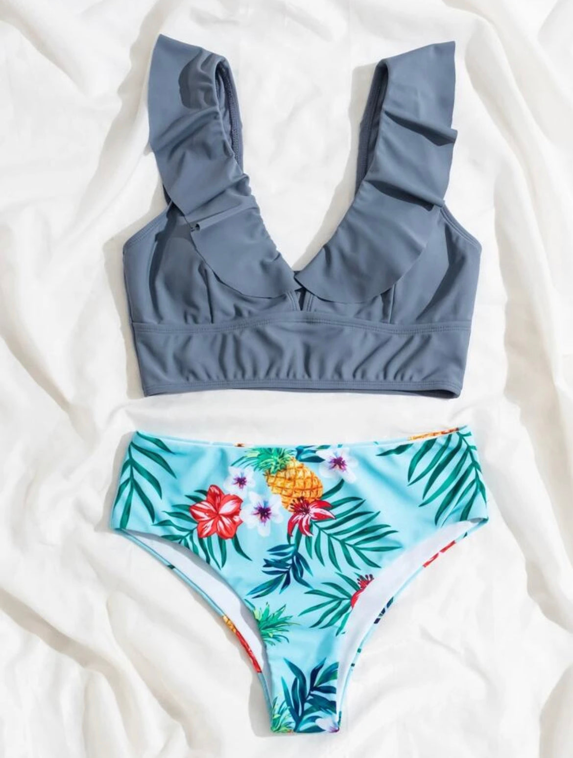 Tropical Ruffle Trim Bikini Swimsuit