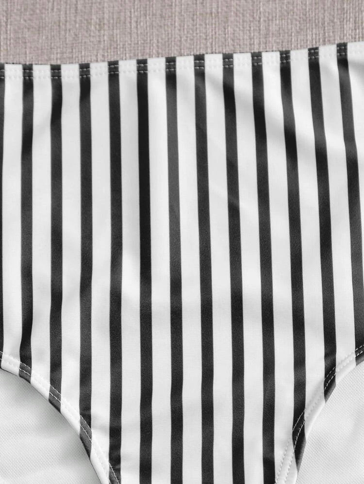 Striped Ruffle Hem High Waisted Bikini Swimsuit