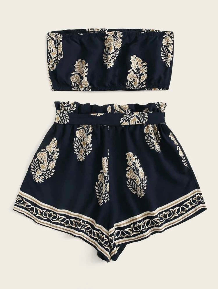 Tube Crop Top & Paper bag Waisted Belted Shorts Set