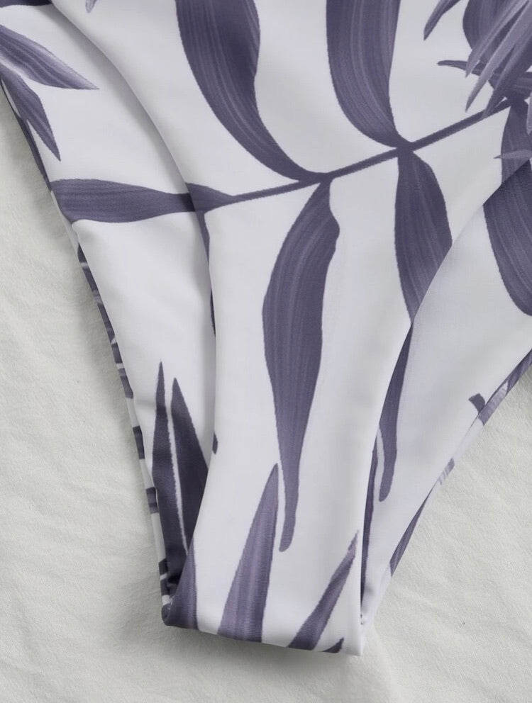 Palm Print High Waisted Bikini Swimsuit