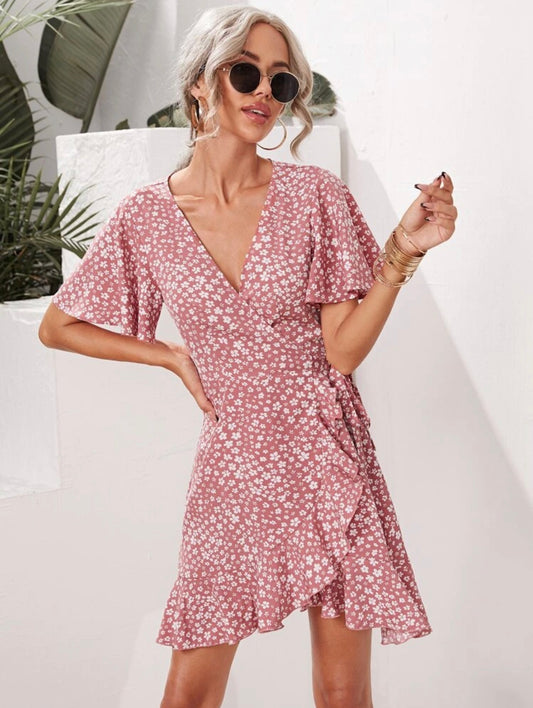 Butterfly Sleeve Wrap Tie Side Ditsy Floral Dress