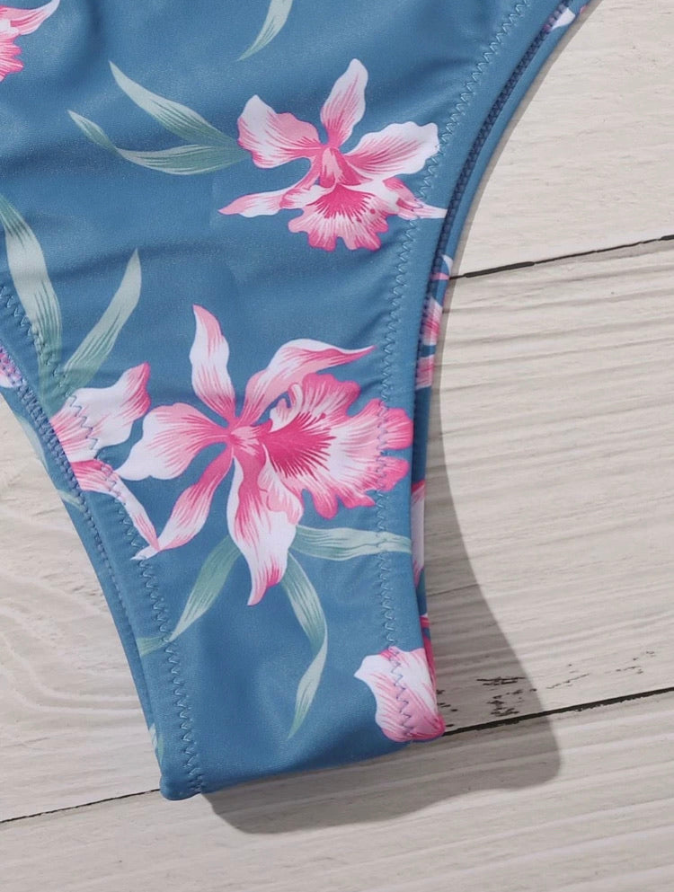Floral Knot Front Bandeau High Waisted Bikini Swimsuit