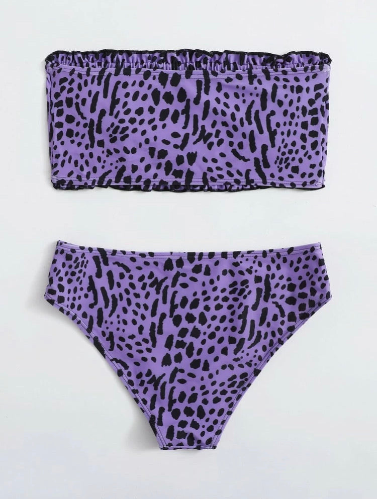 Allover Print Frill Bandeau Bikini Swimsuit