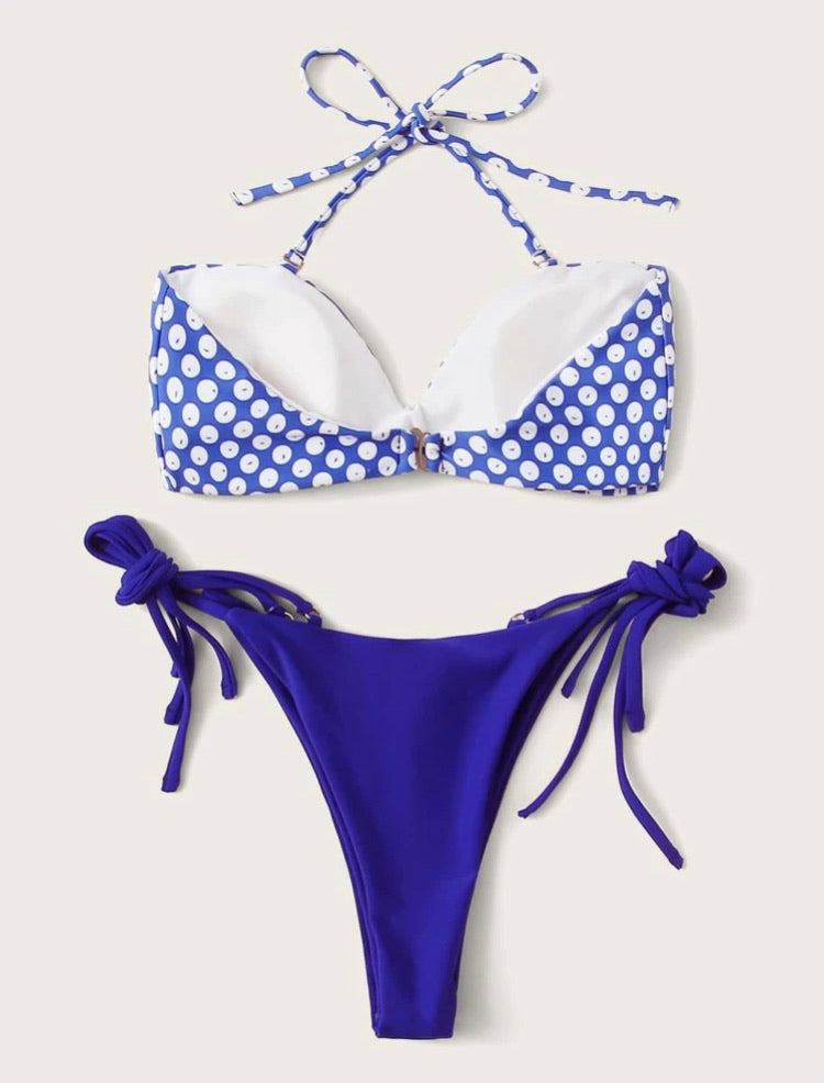 Polka Dot Halter Top With Tie Side Bikini Set