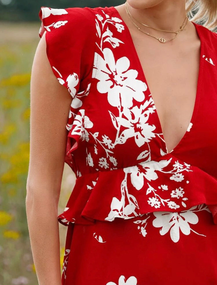 Plunging Neck Tie Back Ruffle Trim Floral Dress