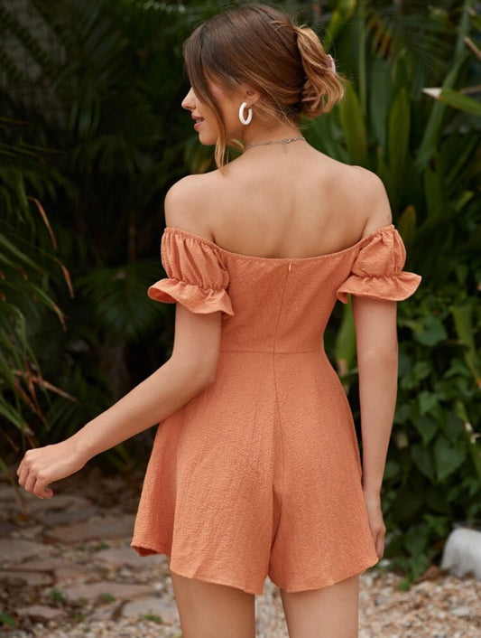 Off Shoulder Zip Back Ruched Bust Romper