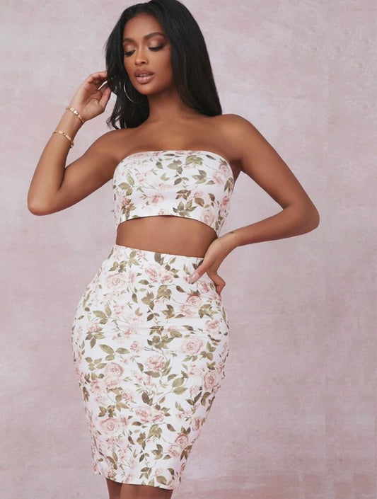 SXY Floral Print Tube Top and Skirt Set