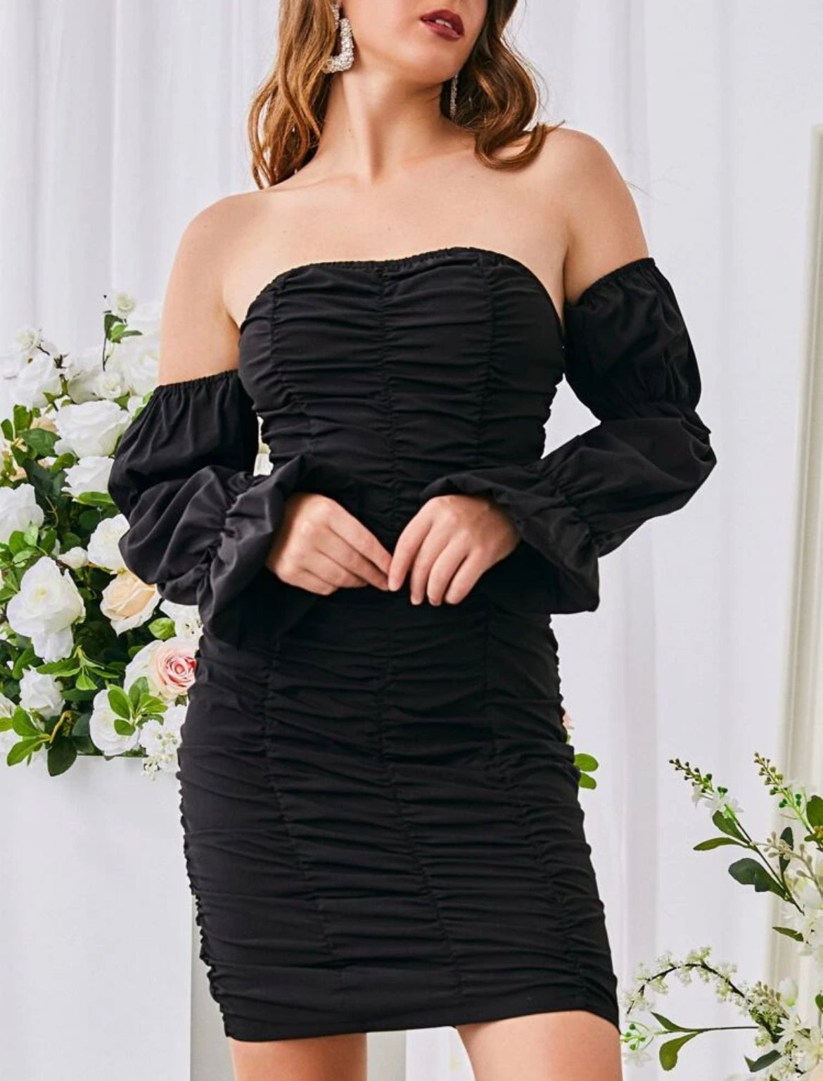 Off Shoulder Flounce Sleeve Ruched Bodycon Dress