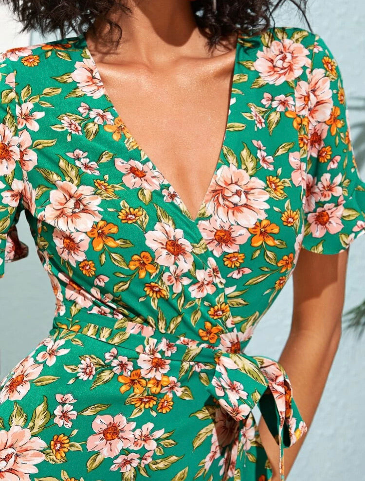 Ruffle Trim Wrap Belted Floral Dress