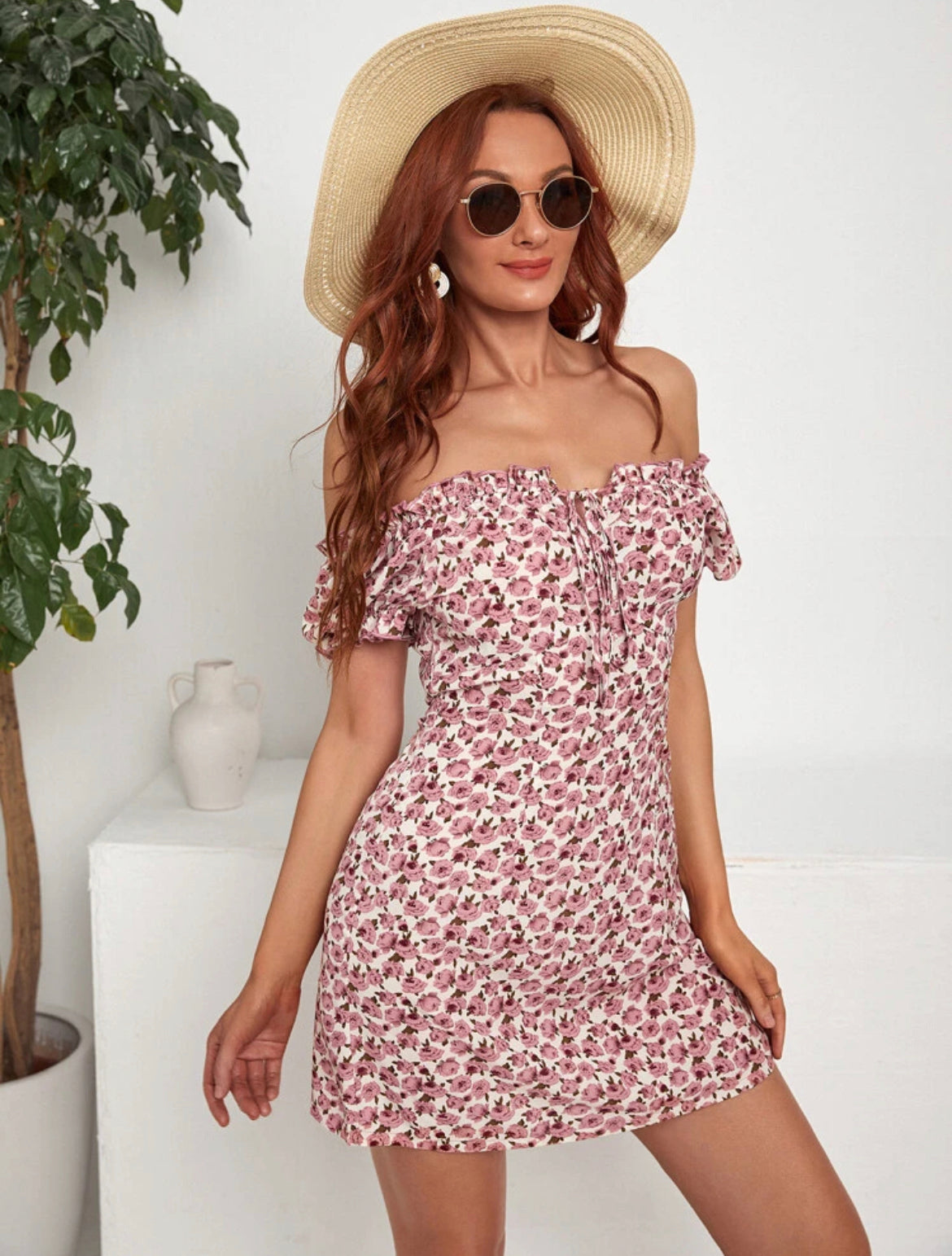 Floral Print Off Shoulder Knot Front Dress