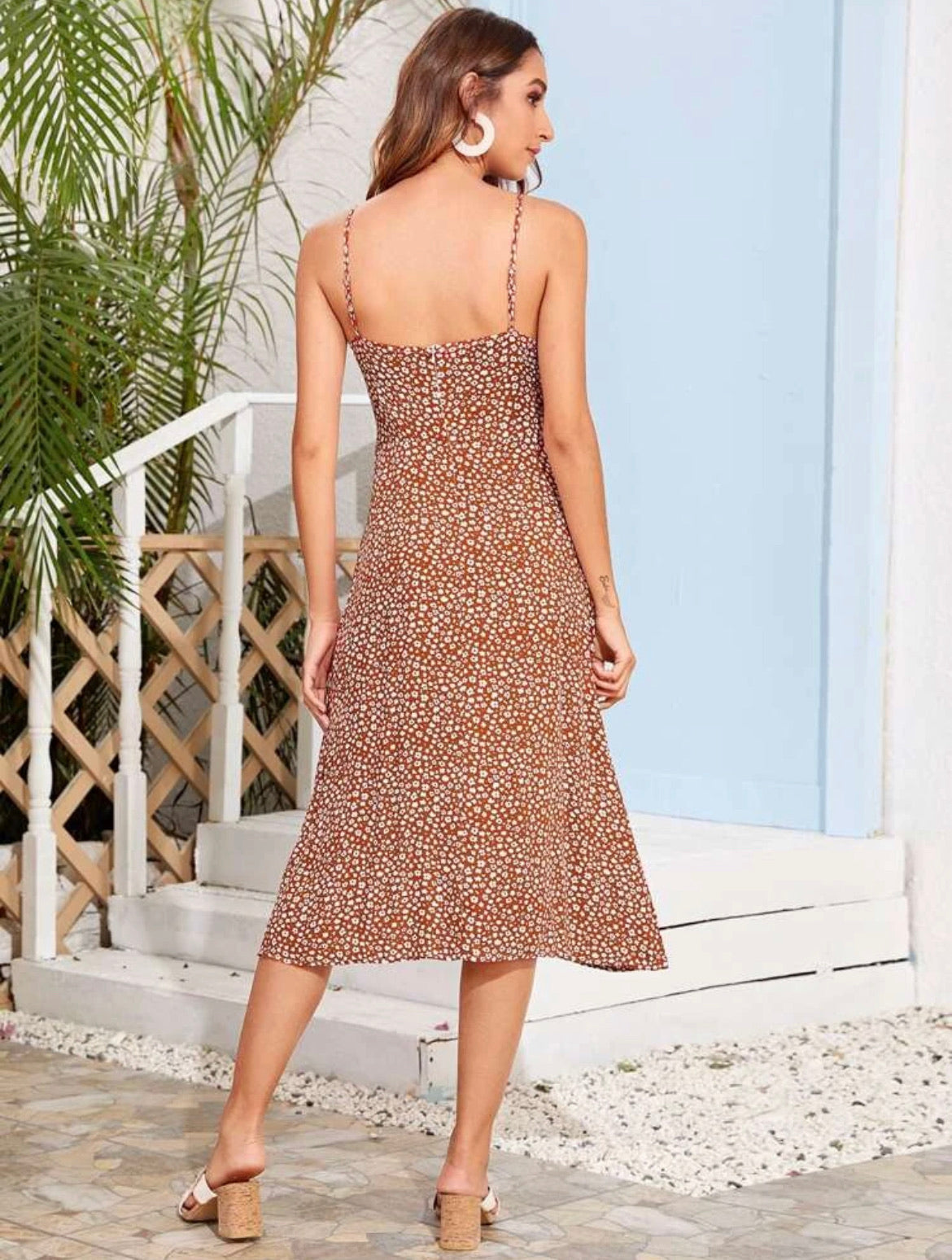 Tie Front Ditsy Floral Print Cami Dress