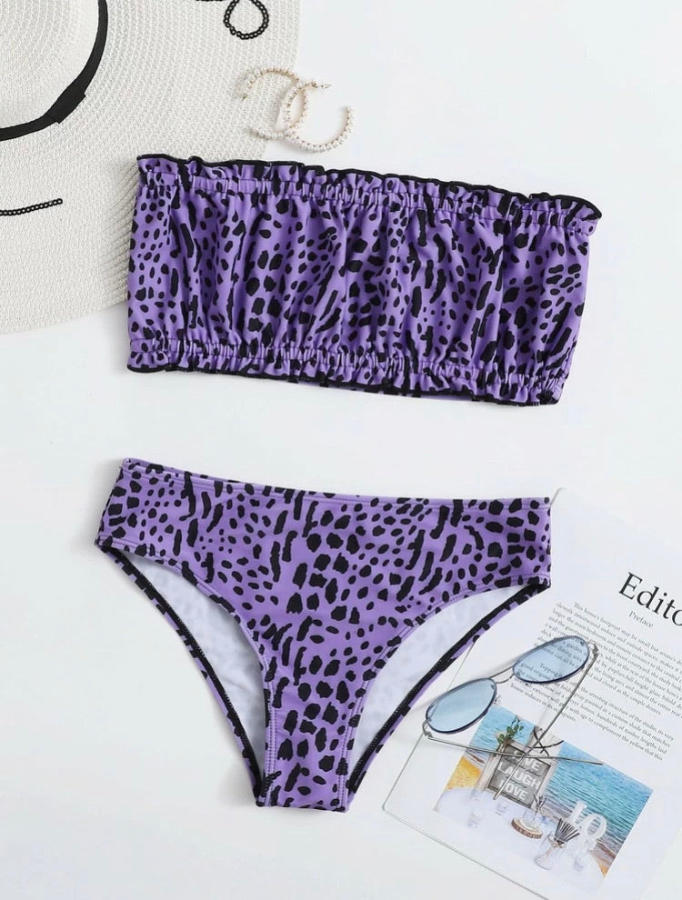 Allover Print Frill Bandeau Bikini Swimsuit