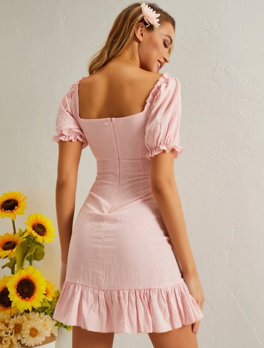 Puff Sleeve Sweetheart Neck Ruffle Hem Dress