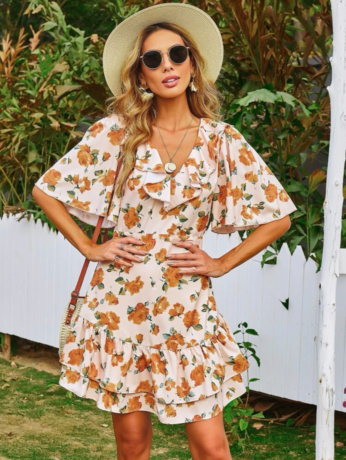 Flutter Sleeve Layered Hem Floral Dress