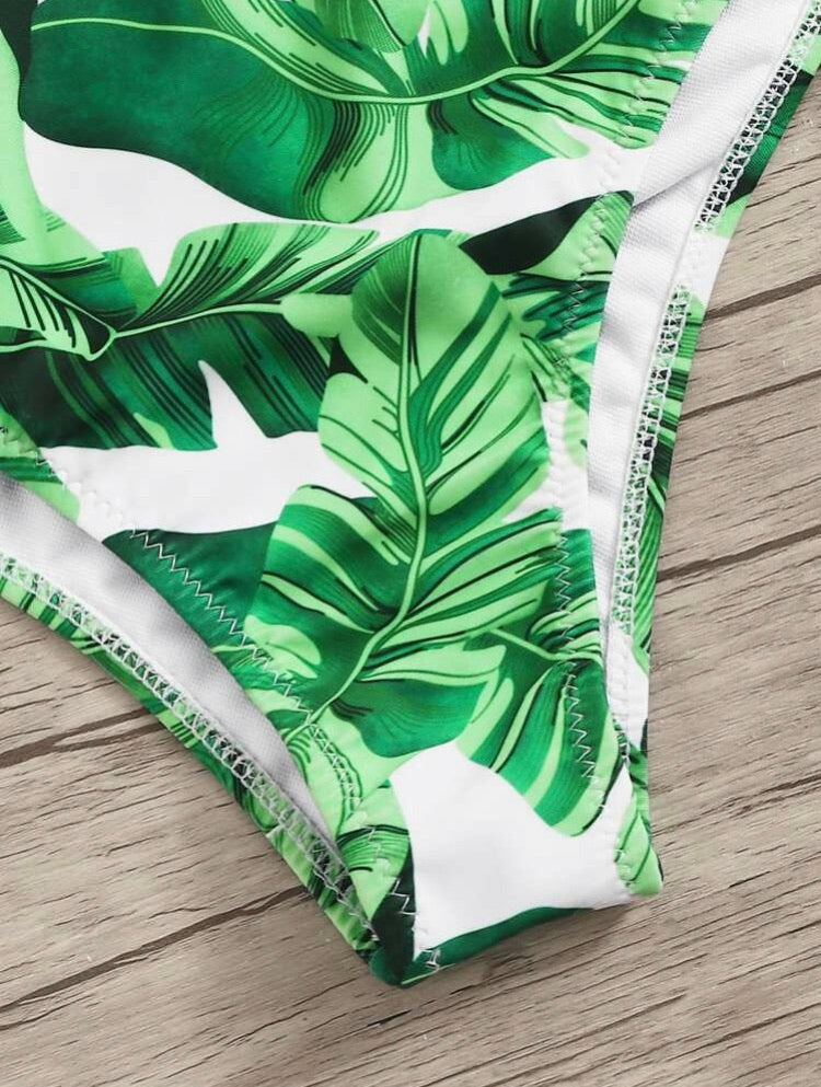 Scalloped Trim Bandeau With Random Palm Print Bikini