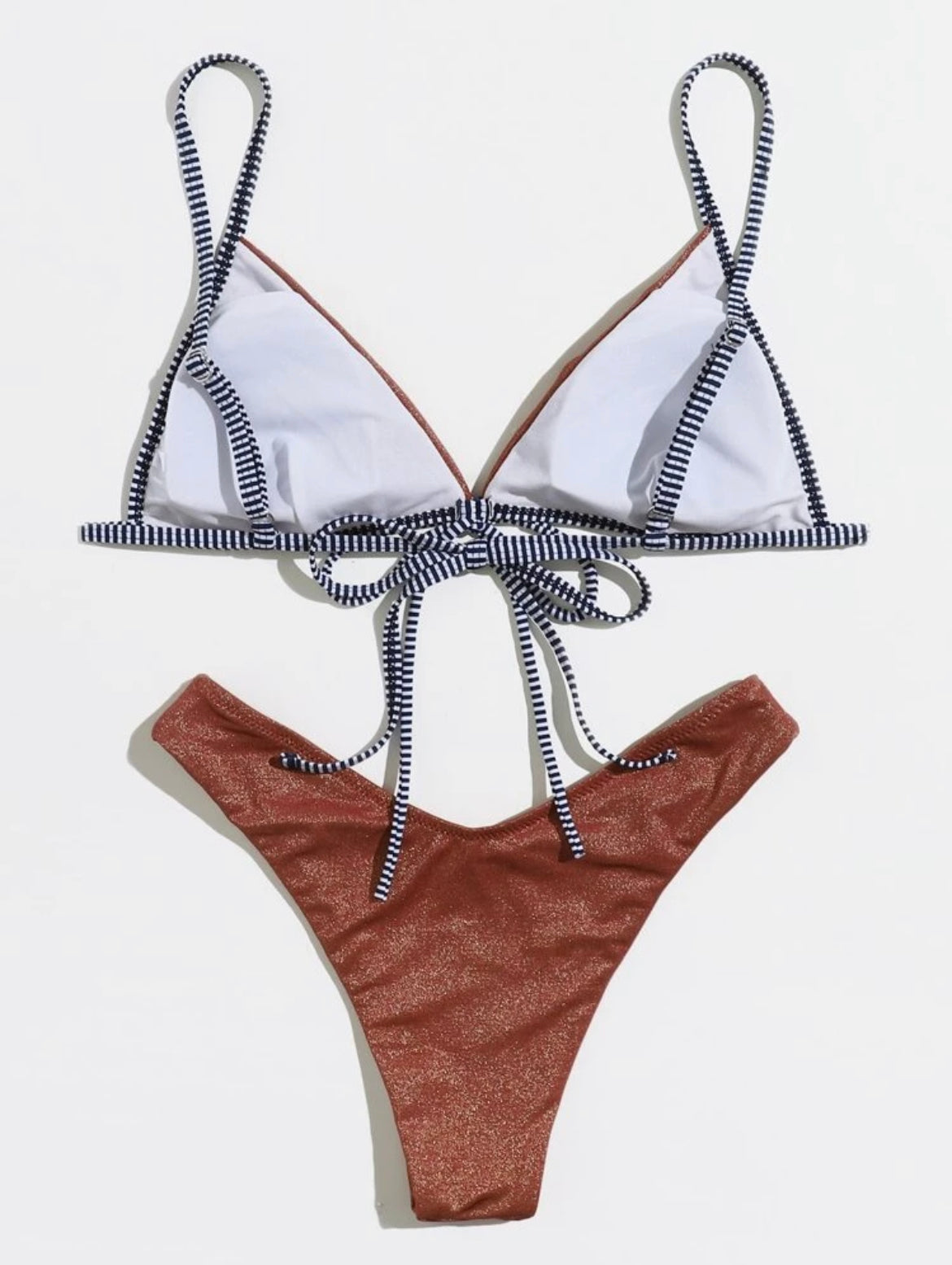 Striped Binding Glitter High Cut Bikini Swimsuit