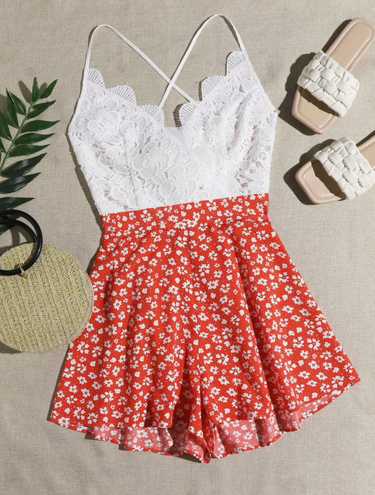 Floral Print Lace Insert Criss Cross Romper