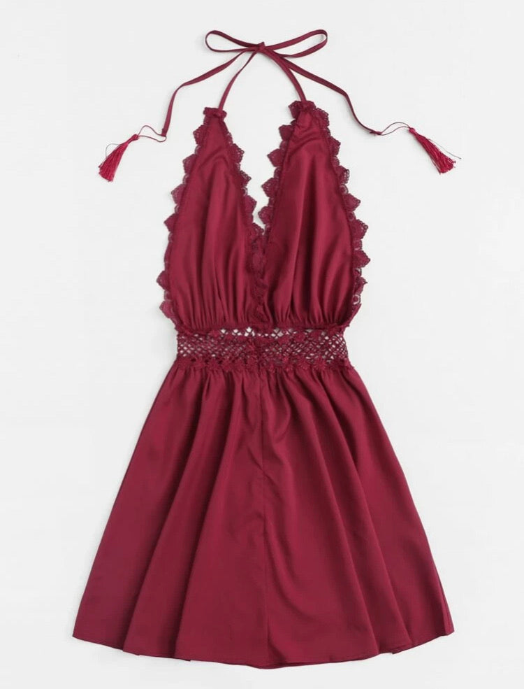 Guipure Lace Trim Fringe Halter Dress