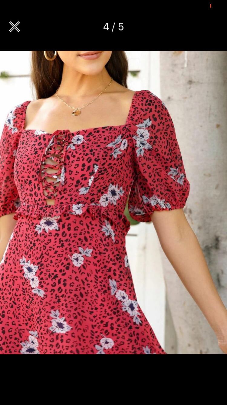 Lace Up Front Puff Sleeve Ruffle Detail Dress