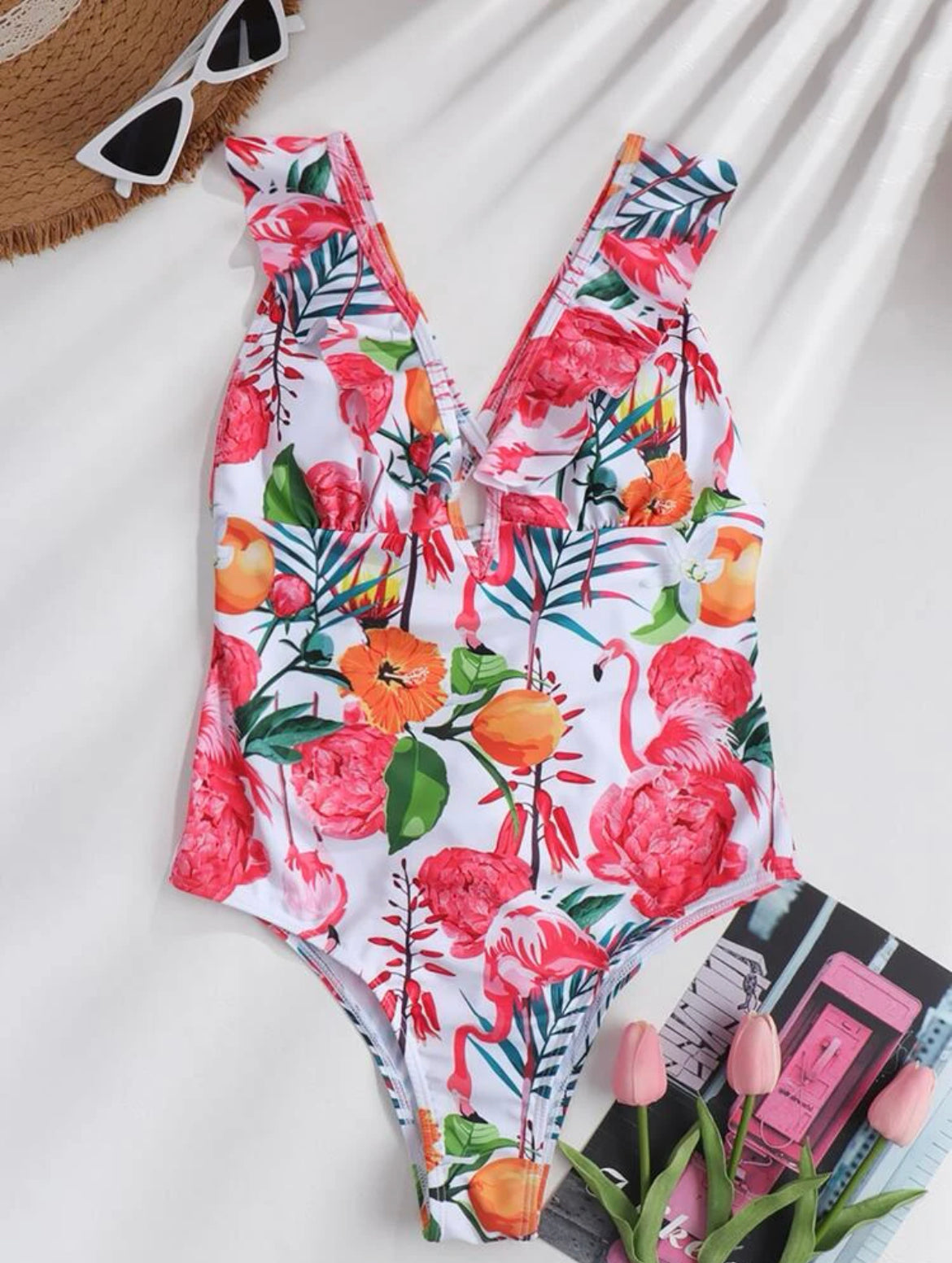 Floral & Flamingo Print Ruffle One Piece Swimsuit