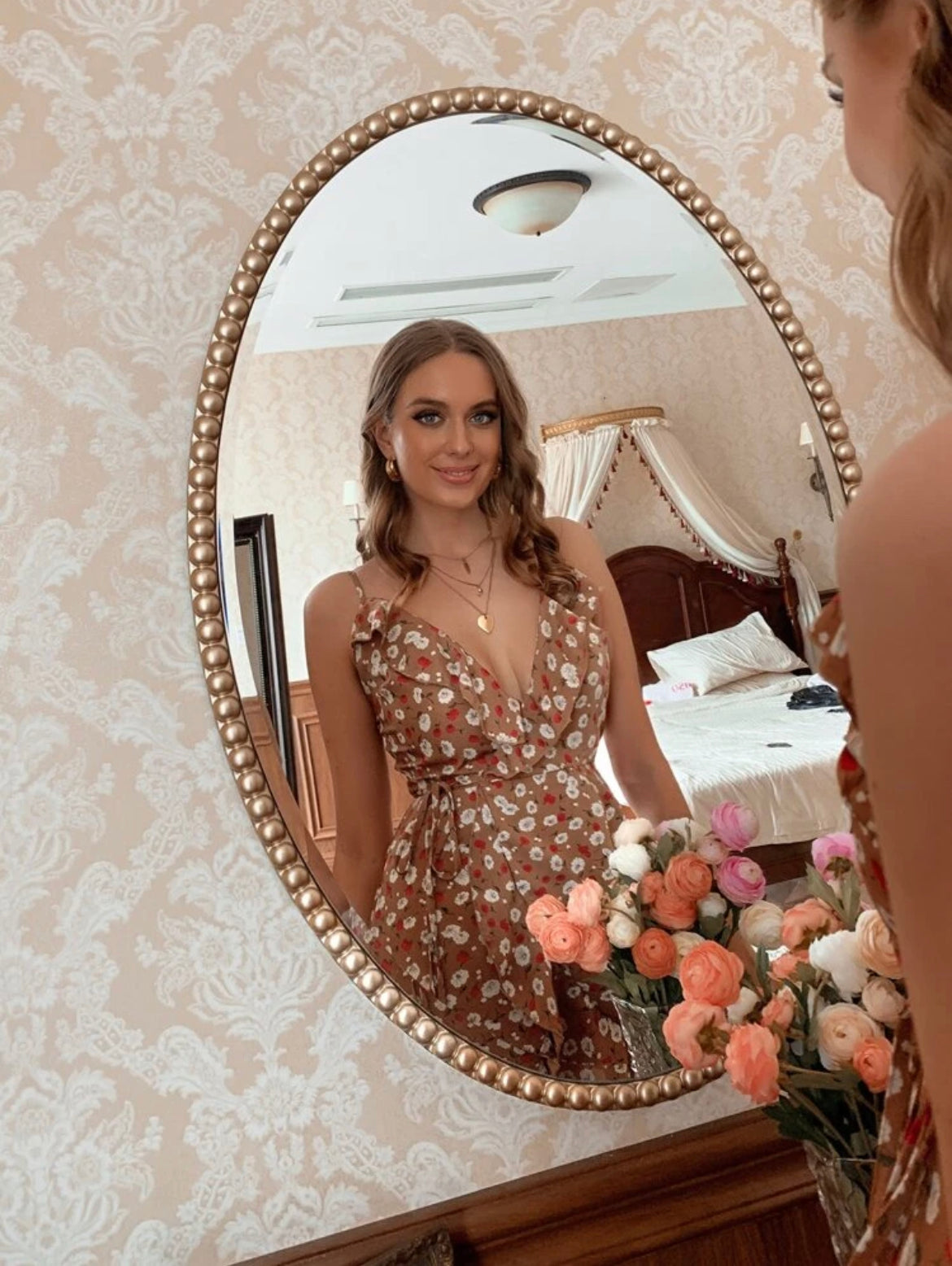 Allover Floral Print Ruffle Detail Wrap Belted Slip Dress