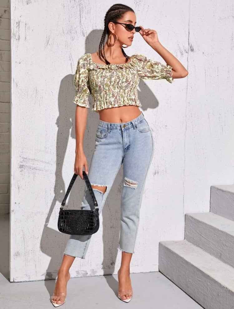 Ditsy Floral Shirred Ruffle Trim Blouse