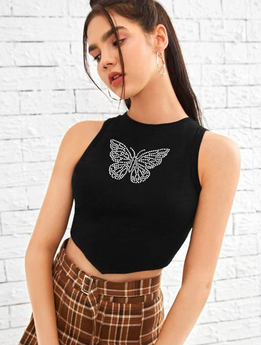 Butterfly Rhinestone Crop Tank Top