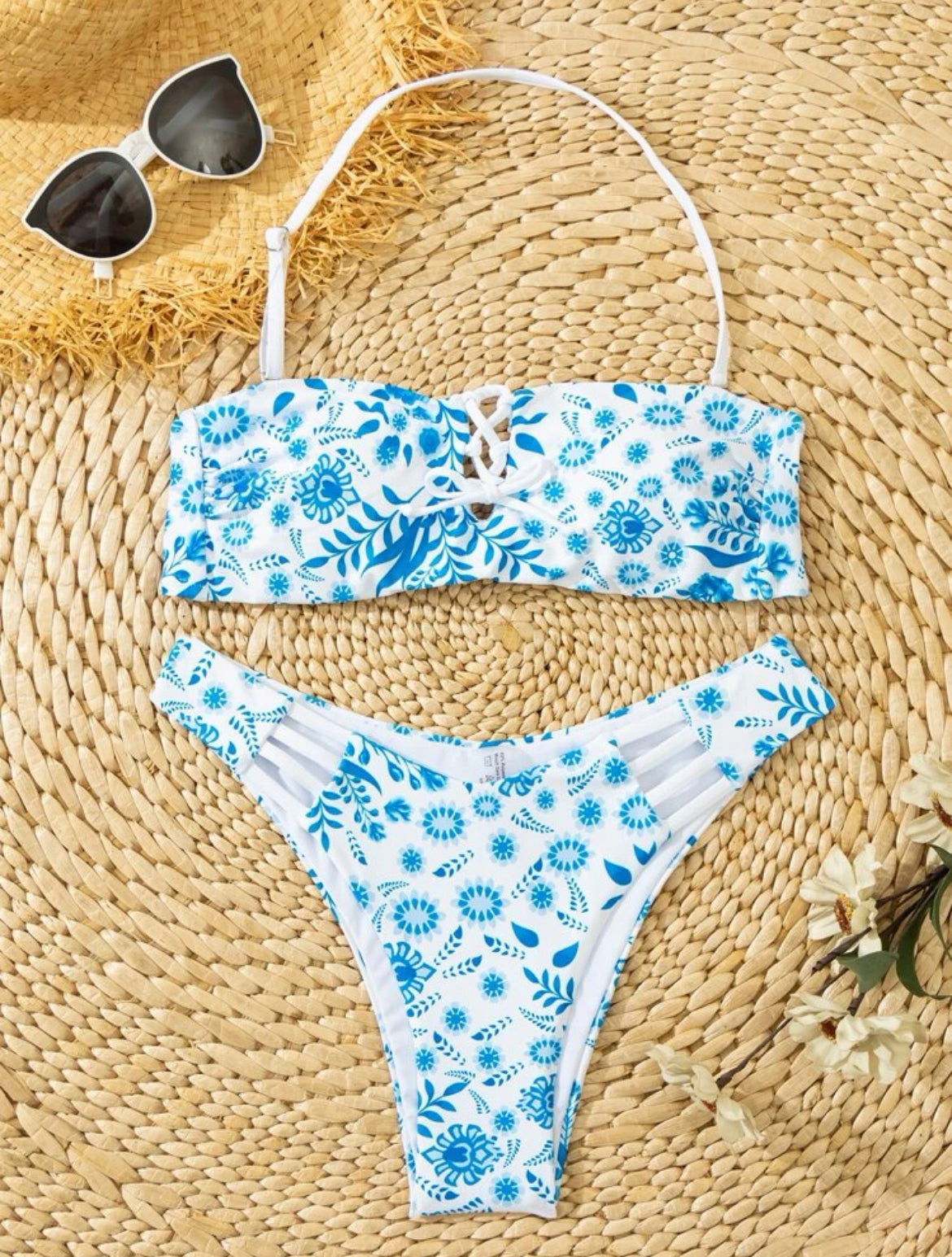 Flower Print Lace Up Bandeau Bikini Swimsuit
