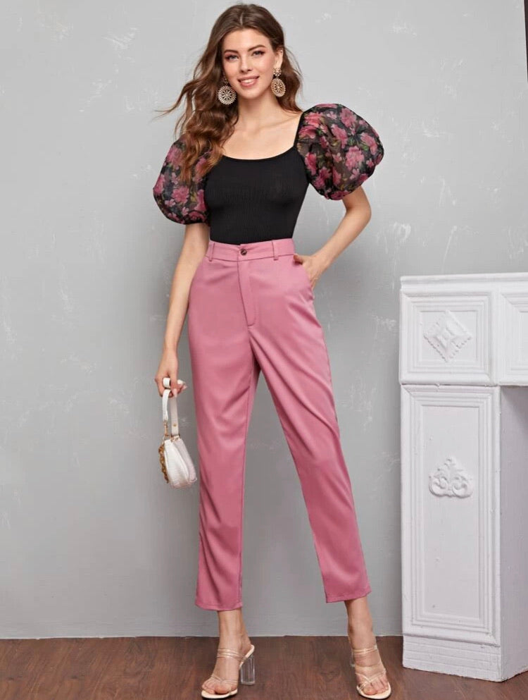 Floral Organza Puff Sleeve Fitted Top