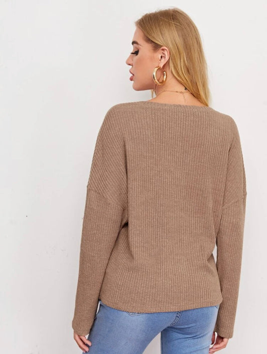 V-neck Drop Shoulder Rib-knit Tee