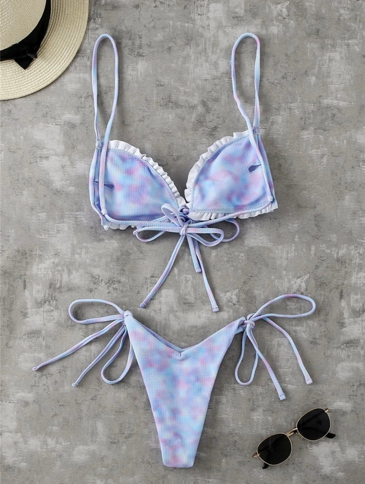 Ombre Frill Trim Tie Side Bikini Swimsuit