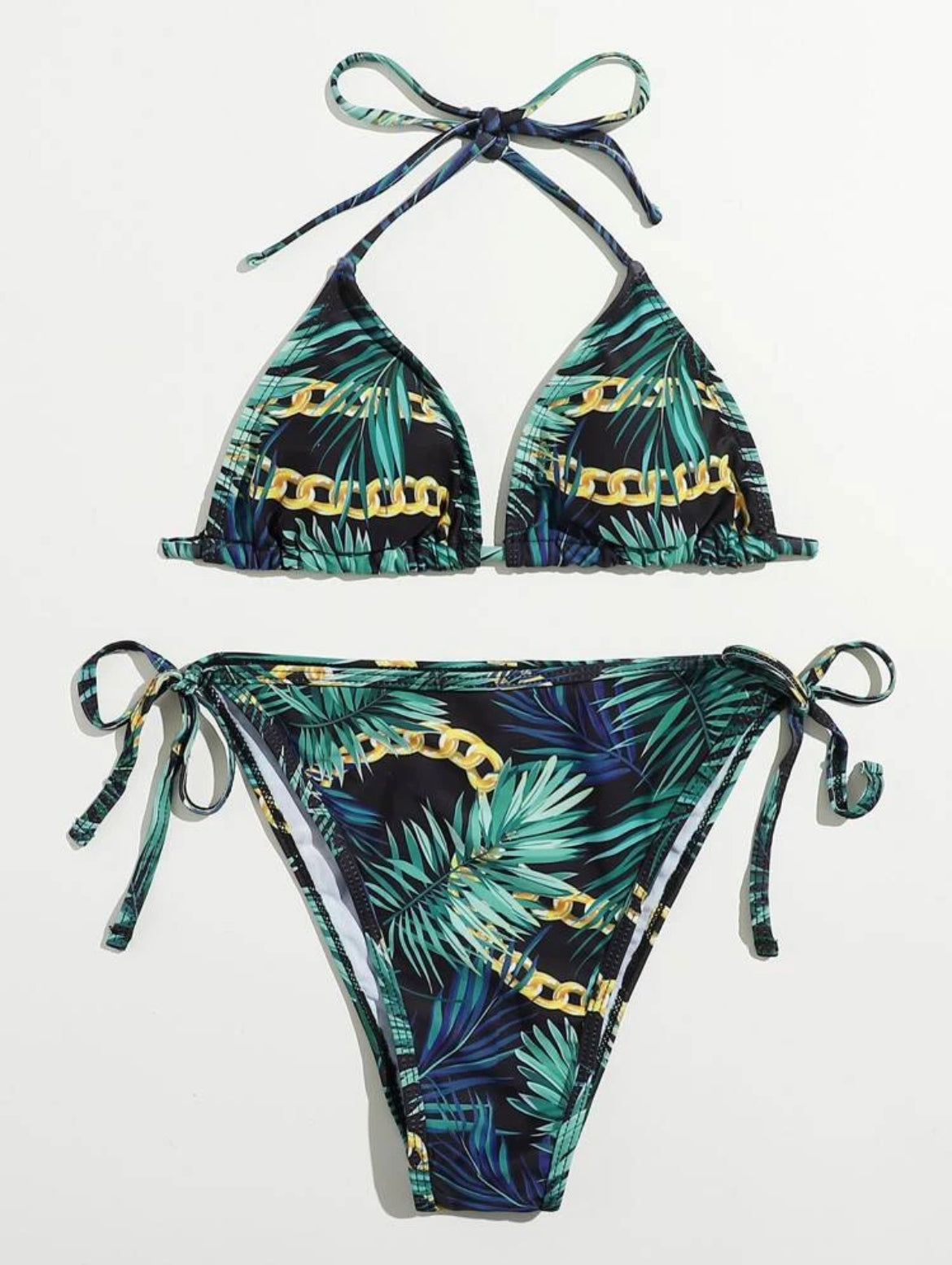 Chain & Tropical Print Tie Side Bikini Swimsuit