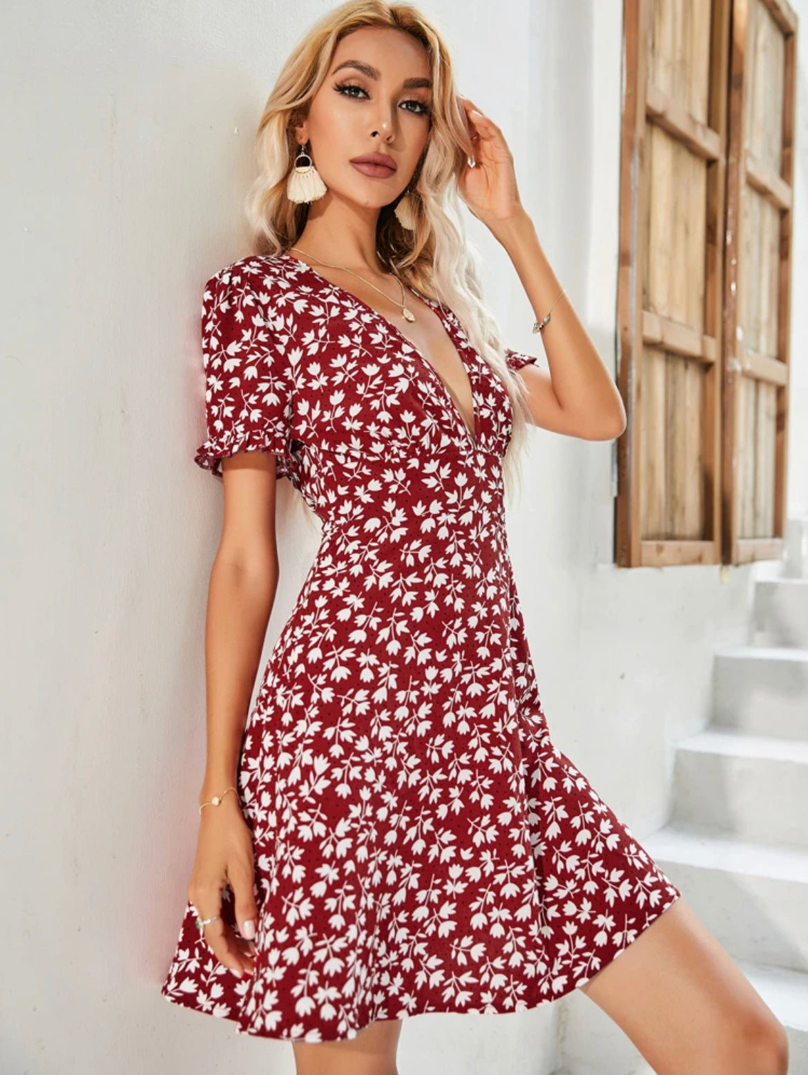 Allover Floral Print V-neck Flounce Sleeve Dress