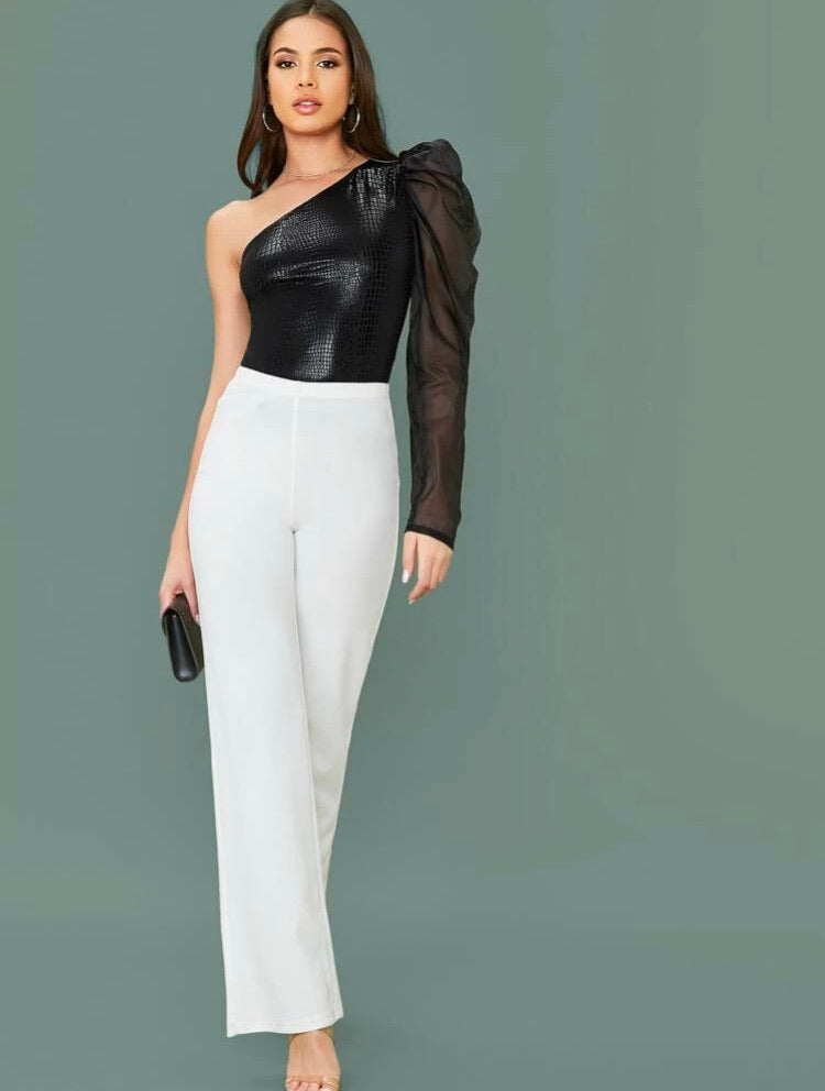 One Shoulder Leg-of-mutton Sleeve Crocodile Embossed Top