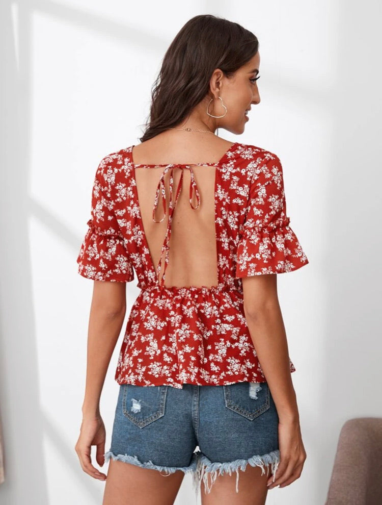 Tied Low Back Frill Trim Ditsy Floral Peplum Top