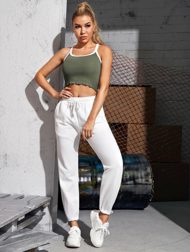 Contrast Trim Lettuce Trim Rib-Knit Cami Top