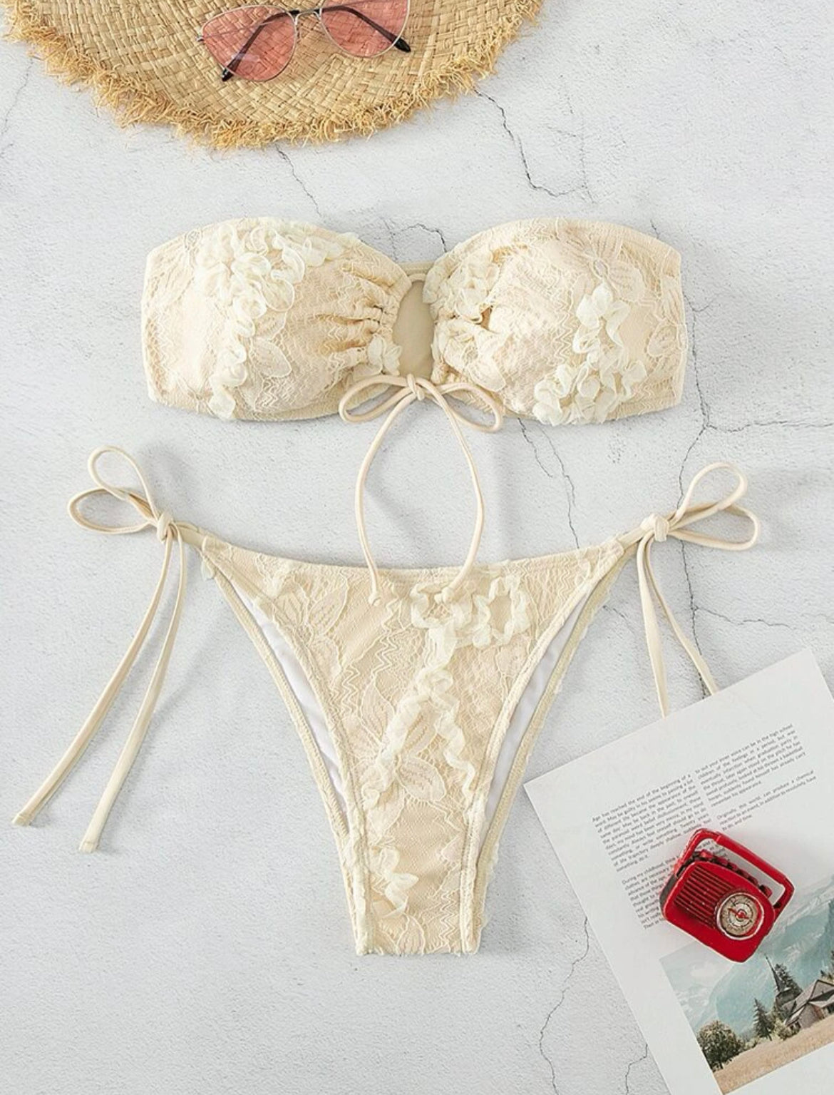 Lace Up Bandeau Tie Side Bikini Swimsuit