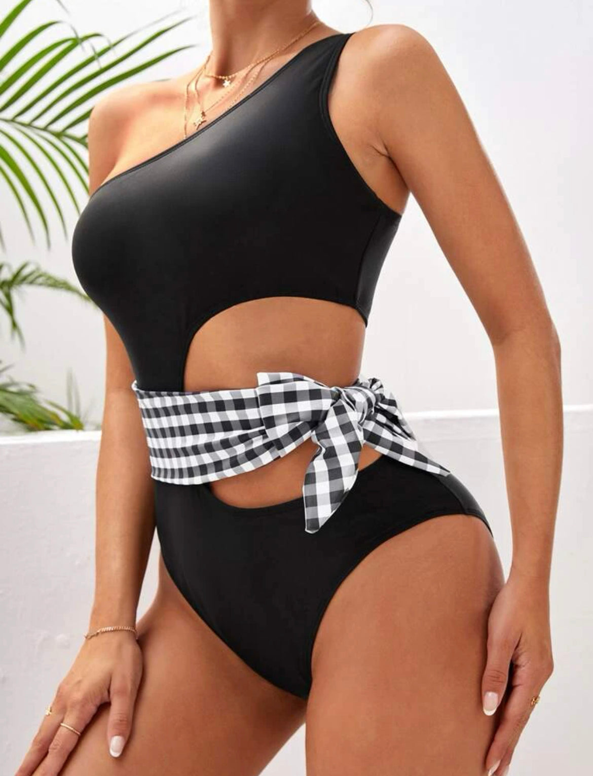 Gingham Knot Side Cut Out One Shoulder One Piece Swimsuit