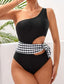 Gingham Knot Side Cut Out One Shoulder One Piece Swimsuit