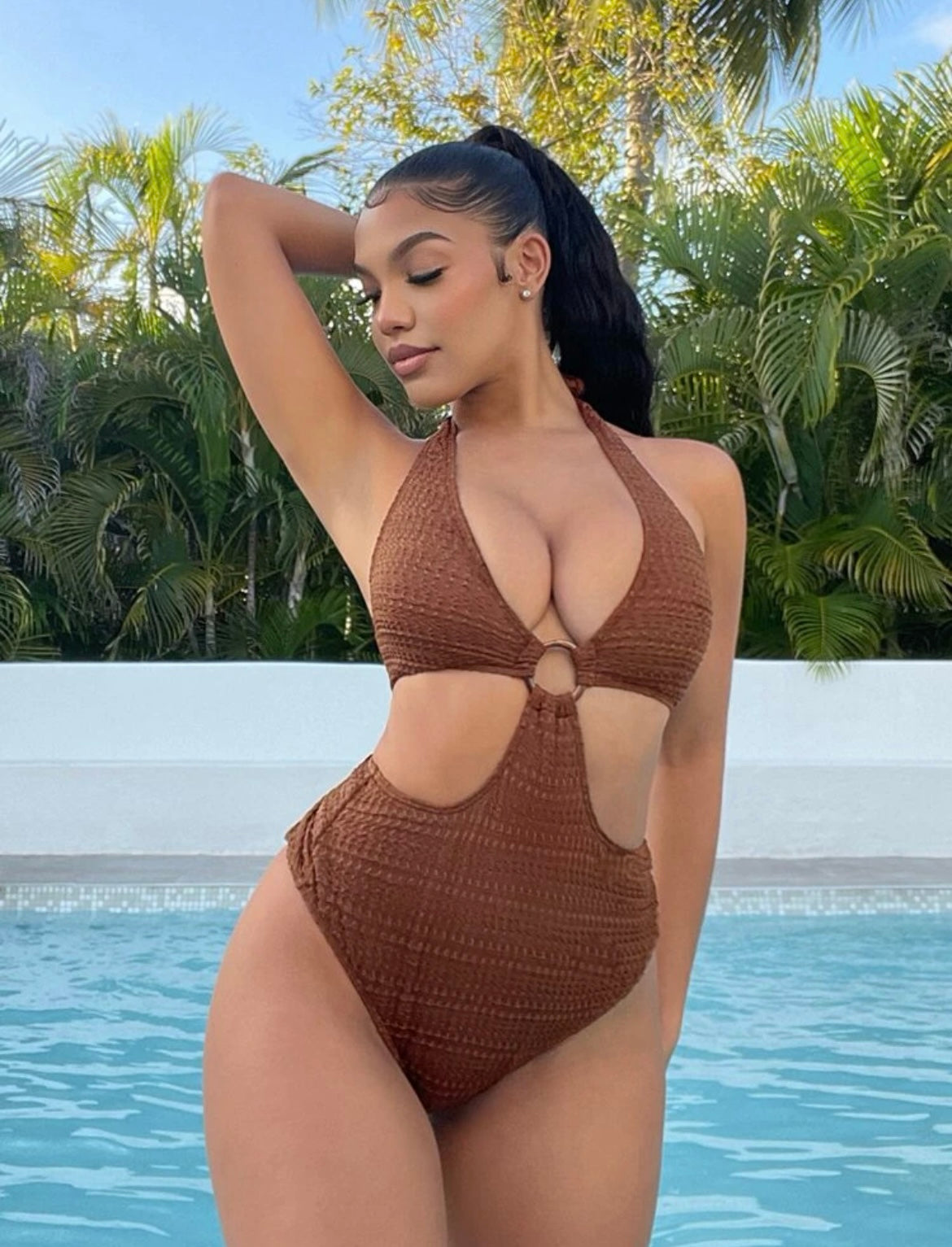 Ring Linked Cut Out Halter One Piece Swimsuit
