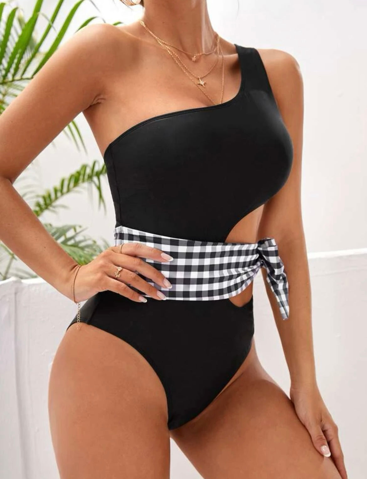 Gingham Knot Side Cut Out One Shoulder One Piece Swimsuit