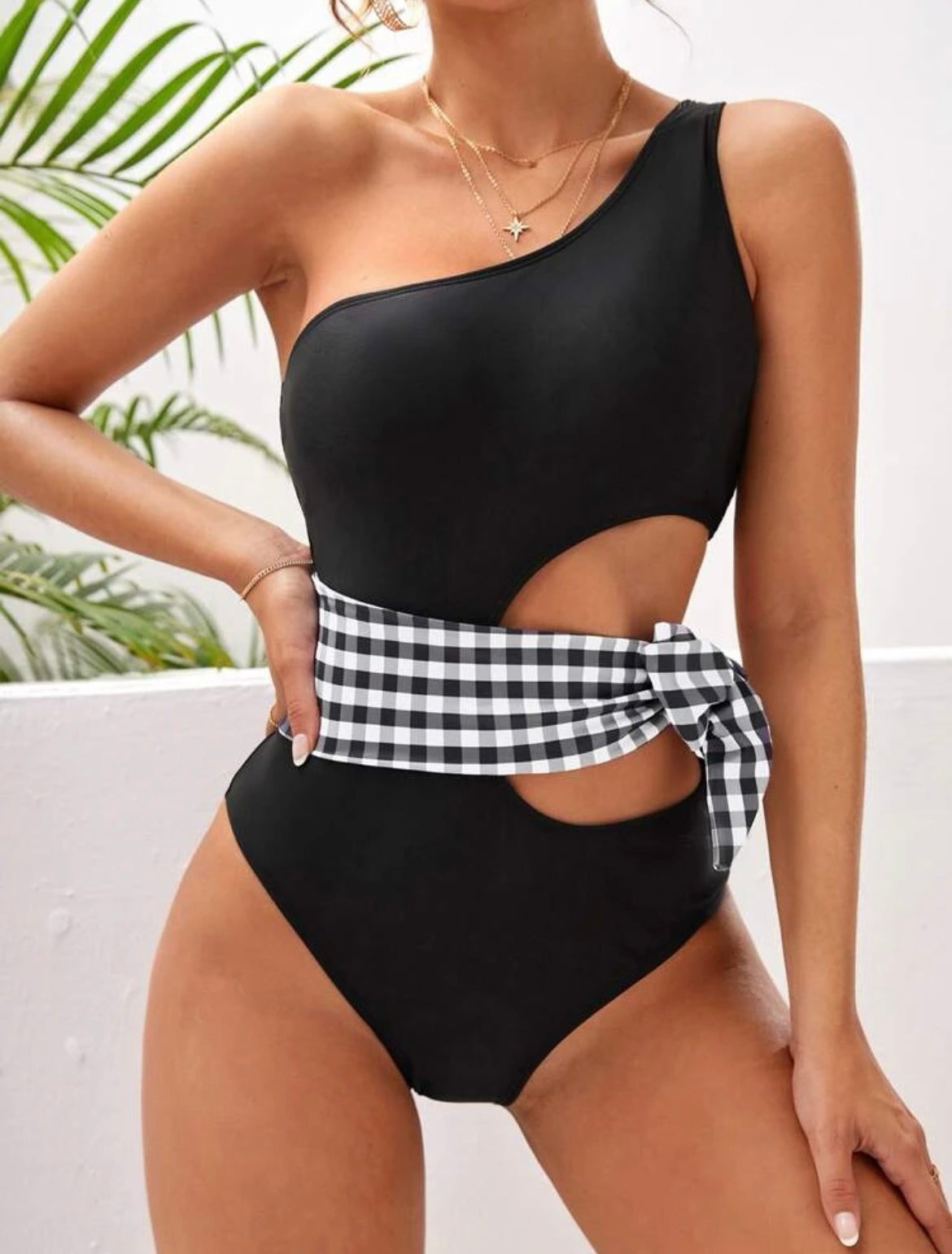Gingham Knot Side Cut Out One Shoulder One Piece Swimsuit